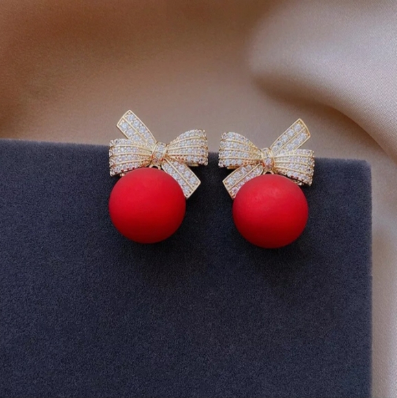 Red and Gold Holiday Christmas Bow Rhinestone Dangle Drop Earrings - Picture 2 of 11